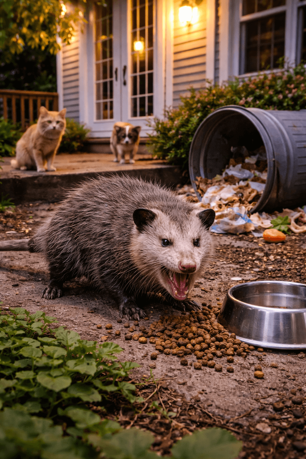opossum hissing and eating pet food
