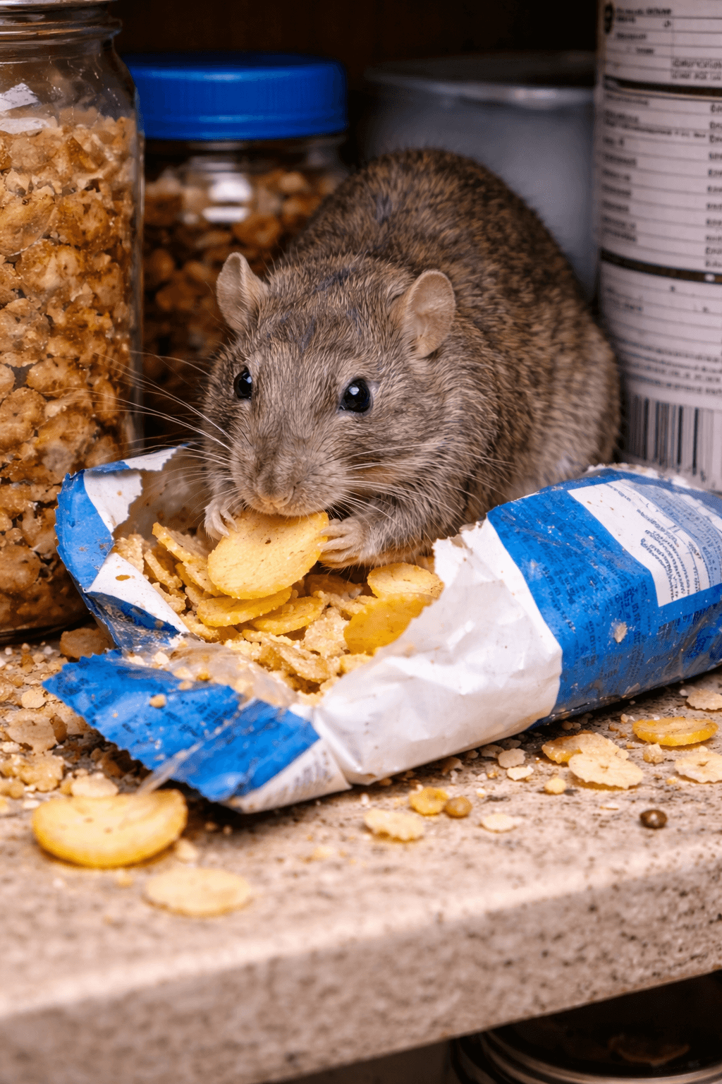 rat eating food in pantry